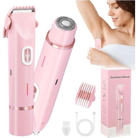 Rasoir Electrique Femme Rechargeable, Dual Head Tondeuse électrique 2 en 1, Sans douleur Tondeuse Intime pour Femme, Rasoir étanche pour Visage, Aisselles, Jambes, Utilisation Humide et Sèche