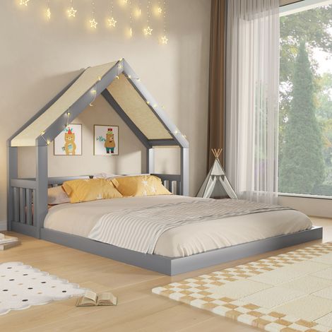 Lit cabane enfant 140x200 cm en bois, lit maison avec toit en tissu, guirlande lumineuse décorative, espace sommeil cosy pour chambre enfant - Gris (1/5)