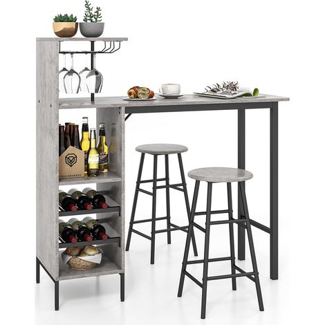 COSTWAY Bartisch mit Barhocker Set 2 Personen, 3 TLG. Bartisch Set mit Halterungen für Weingläser und Flaschen, Küchentheke für Wohnzimmer, Esszimmer und Küche (grau) (1/5)