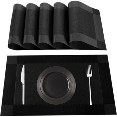 Sets de Table Lavables, Lot de 6 Set de Table en 70% PVC et 30% Polyester, Antidérapant, Résistant à la Chaleur, pour Table de Cuisine,Noir
