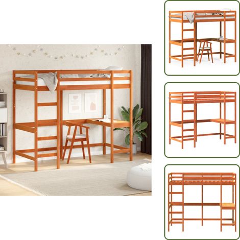 Hochbett mit Schreibtisch Wachsbraun 90x200cm Massivholz Kiefer - Hochbett - Jugendzimmer - Kinderschlafzimmer - Schreibtischbett - Holzbett