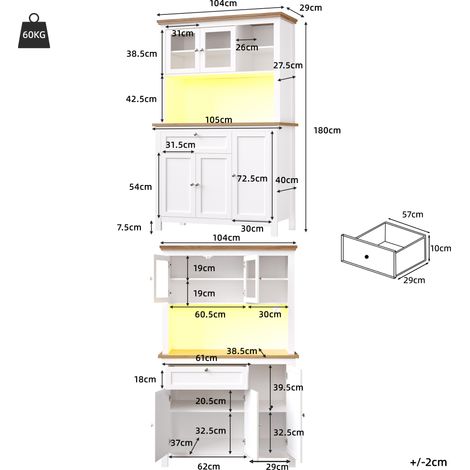 Armoire de cuisine haute vitrine avec étagères réglables et éclairage LED multicolore pour cuisine, Dimensions : 104 × 40 × 180 cm, Couleur : blanc (1/5)