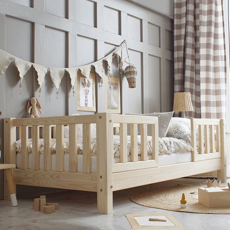 Cama 90x200 con barandilla y somier patas de 10 cm Agnès Madera