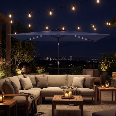 Parasol solaire LED, env. 300 x 200 cm, parasol de balcon inclinable avec manivelle, housse de protection, protection UV, orientable, bleu marine