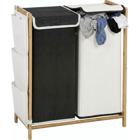 HOMCOM cesto de ropa sucia con tapa 120l de bambú con 2 compartimentos, bolsas extraíbles y lavables con cordón, bolsillos laterales, blanco y negro (1/5)
