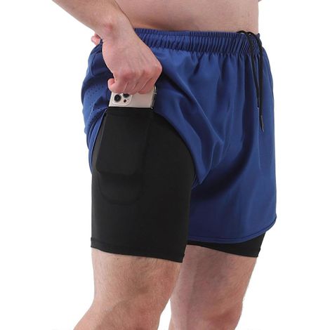 Short de sport homme avec slip intégré 2 en 1, poches, séchage rapide, idéal pour la course, le cyclisme et l'entraînement - Bleu royal, taille M (1/5)