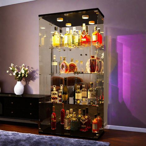 Vitrines en verre noir, 80.5x36.5x164cm, LED réglable, Vitrine Armoire, 4 étagères et 2 portes, Verre Trempé, pour Figurines, Bouteilles de Vin et Objets de Décoration (1/5)