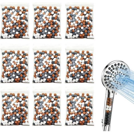 9 Recharge Billes Anti Calcaire pour Pommeau de Douche, Boules Minérales Pommeau de Douche Anti Calcaire, Recharges Filtrantes à Ions Négatifs, Billes Céramiques Rouge Gris Blanc (1/5)