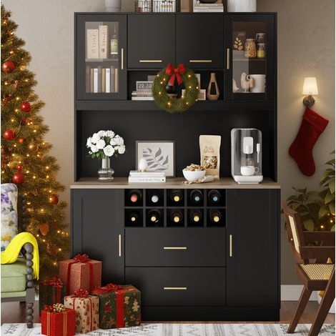 Buffet 120x36,3x180 cm en MDF et métal noir, avec rangement pour salle à manger FloraGrace (1/5)