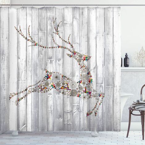 180 x 180 cm großer Duschvorhang mit Weihnachtsmotiv, Weihnachtsmann und Rentier, Badezimmer-Dekorationsset, wasserdichtes Material, inklusive 12 Haken