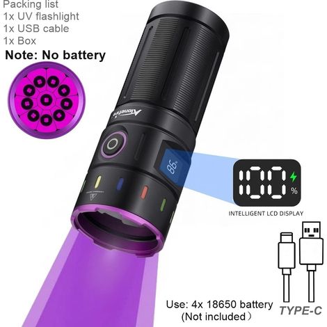 Hocheffiziente 200W 365nm LED-UV-Taschenlampe, USB-wiederaufladbar, ideal für Katzen, Hunde, Ringelflechte, Urinflecken und Skorpione, silberne UV-Lampe (Batterien nicht enthalten). (1/5)