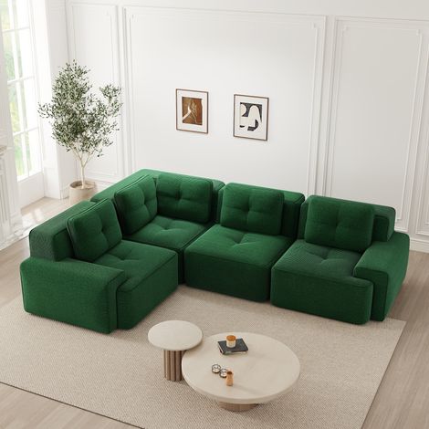 Canapé modulaire velours côtelé vert, assise profonde rembourrée, sans montage, antidérapant, pour salon ou bureau, combinable et confortable. (1/4)
