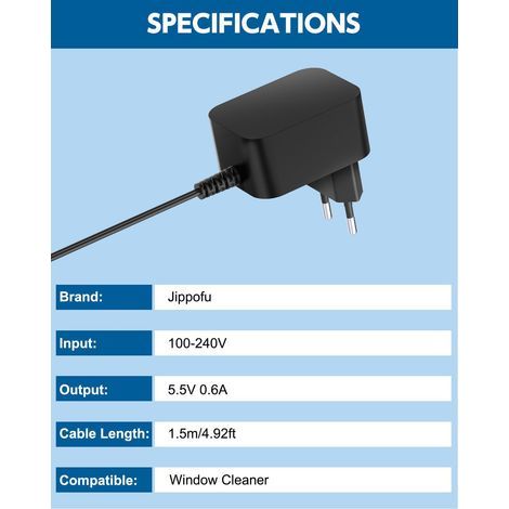 Chargeur 5.5V 0.6A Alimentation Compatible avec Kärcher Laveur de Vitres WV1 Plus WV2 WV5 Premium WV45 WV51 WV52 WV55 WV60 WV70 WV75 Plus KV4 KWI 1 WV Easy/Classic Adaptateur Charger Câble (1/4)
