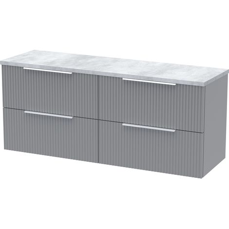 Tixall Fluted 4 Drawer Wall Hung Vanity Unit with Laminate Worktop, Satin Grey, 1200mm