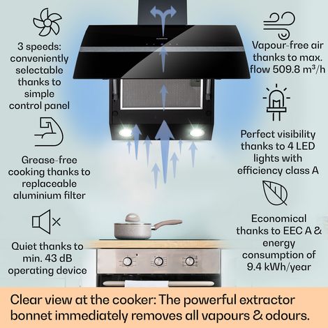 Klarstein Clara 60cm Angled Extractor Fan for Kitchens, Exhaust Extractor Fan Hood w/ Dishwasher Safe Aluminium Grease Filter, Powerful 509m³/h Airflow, RGB LED Light, Class A Efficient Extractor Hood (1/4)