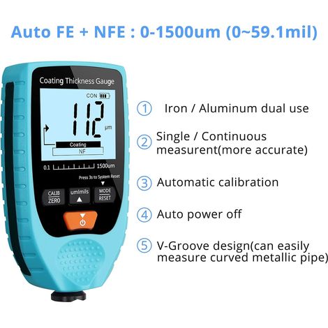 Misuratore di spessore digitale Misuratore di spessore di rivestimento della vernice dell'auto Misuratore di spessore 0-1500um Sonda Fe e NFe per metallo di base Acciaio e alluminio Auto (1/4)