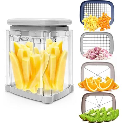 Pommes-Frites-Schneider, 4-in-1-Kartoffelkeilschneider mit 4 manuellen Klingen, Press-Lebensmittelzerkleinerer mit Behälter für Gemüse, Obst.