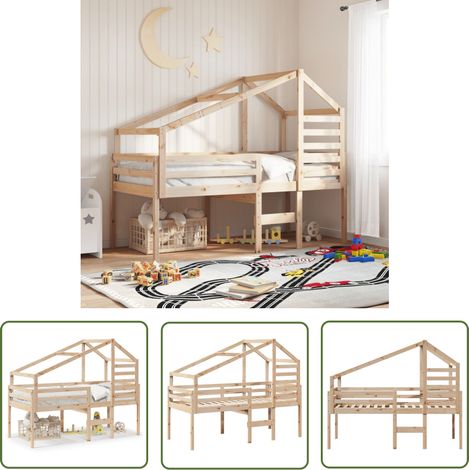 The Living Store Lit haut sans matelas 75x190 cm bois de pin massif - Lit Enfant - Lit Surélevé - Lit Cabane - Lit Design - Lit Bois (1/5)