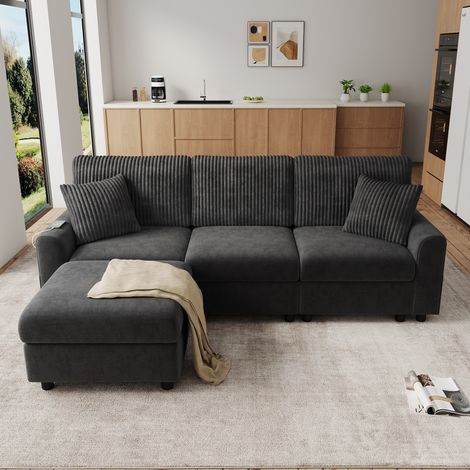 Canapé 4 places avec pouf mobile 223x146x84 cm Canapé de salonavec USB et USB-C, 2 coussins, assise à ressorts ensachés, chenille,velours côtelé noir (1/5)