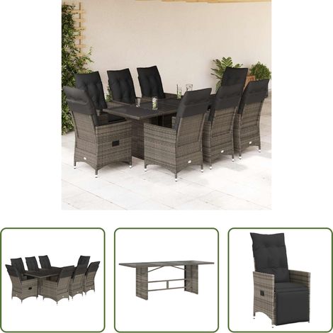 Gartentisch - 9-tlg. Garten-Essgruppe mit Kissen Grau Poly Rattan (1/5)