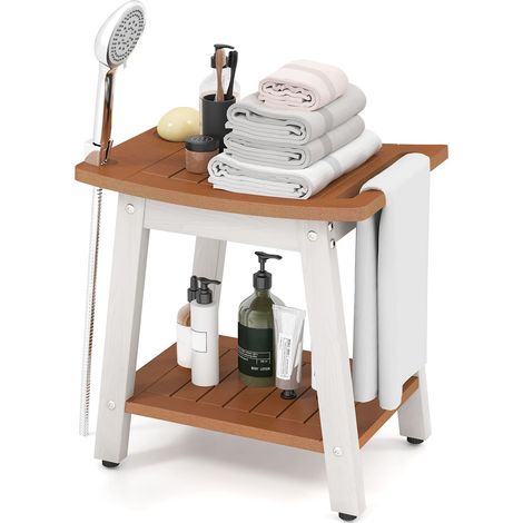 COSTWAY Shower Bench Seat HIPS Shower Stool w/Handle & Shower Head-Brown (1/5)