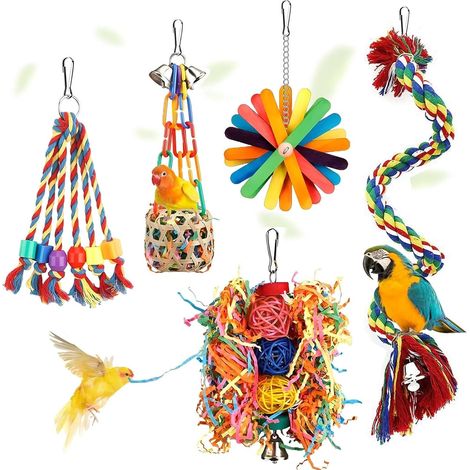 5 x Jouet pour oiseau, Corde colorée, Papier déchiqueté, Clochette, Hamac, Échelle, Pour cage calopsitte inséparable