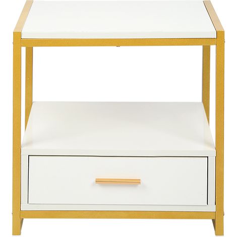 Comodino Moderno con Cassetto, Struttura in Acciaio e Piano in Legno, Design Elegante Bianco e Giallo, 50x50x40 cm, Ideale per Camera da Letto e Soggiorno (1/5)