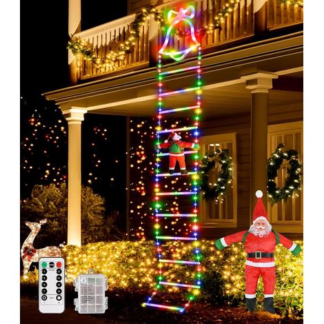 Guirlande Lumineuse Échelle Père Noël, 3 m LED Rideau Lumineux Decoration Noel Guirlande Lumineuse à Piles, 8 Modes Christmas Lights Échelle avec Père Noël Minuterie Étanche pour Exterieur Interieur (1/5)