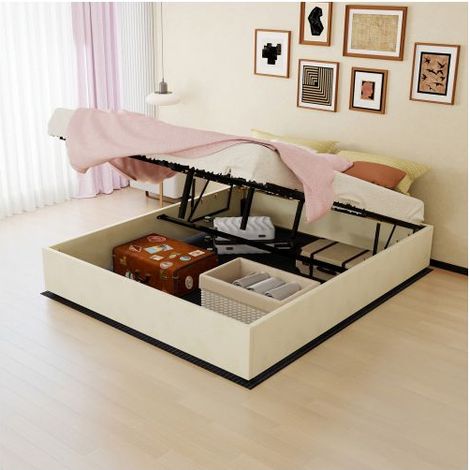 Lit Coffre 160x200 cm Velours Beige - Lit Rembourré - Sommier Relevable à Gaz, Grand Rangement, Design Moderne, Sans Tête de Lit (1/5)