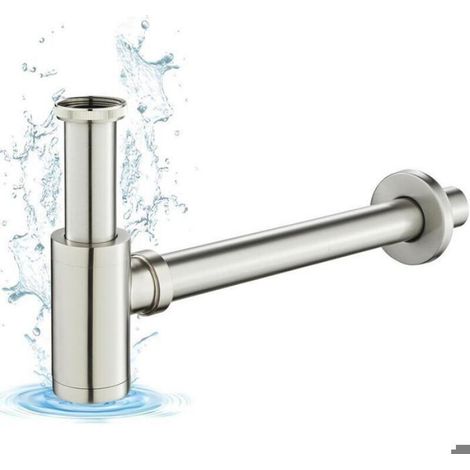 Siphon Lavabo - Laiton Acier Inoxydable - Double Désodorisation - Orifice Nettoyage - Hauteur Réglable 125-200 mm - Tube Murale 300 mm (1/4)