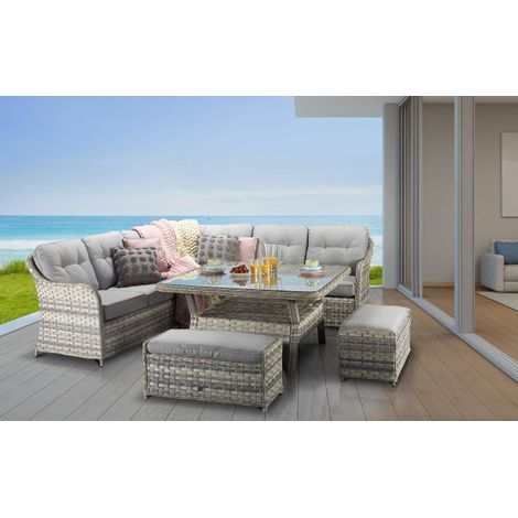 Signature Weave Constance Wicker Large Corner Sofa Dining Table Set Benches Grey (1/4)