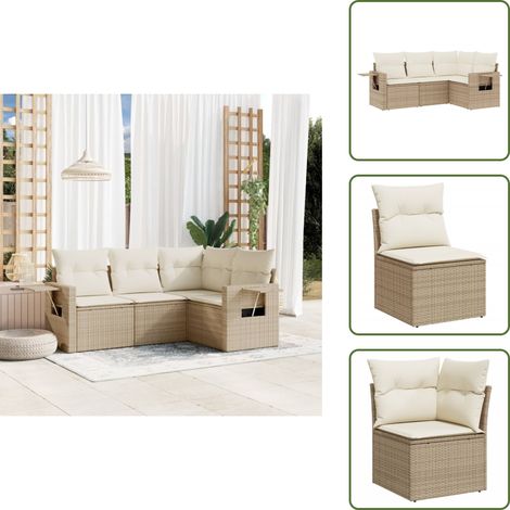 4-tlg. Garten-Sofagarnitur mit Kissen Beige Poly Rattan - Gartenmöbel - Sofagarnitur - Outdoor Möbel - Lounge Set - PE-Rattan (1/5)