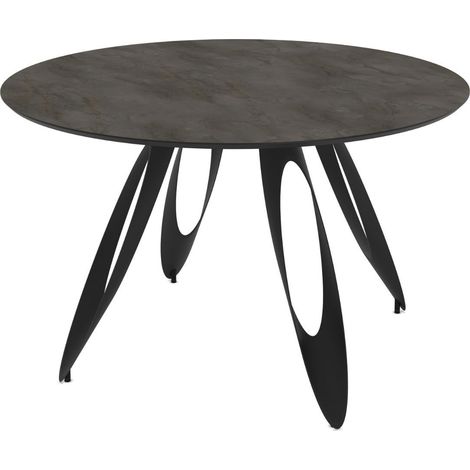 Table repas ronde Ø130cm plateau aspect minéral anthracite pieds design métal noir - ONARYS (1/4)