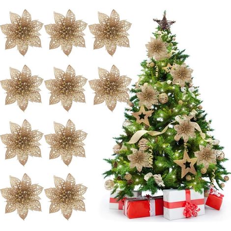 Décoration florale de Noël ajourée double couche de 10 cm, ornement de Noël, doré, lot de 10 (1/5)
