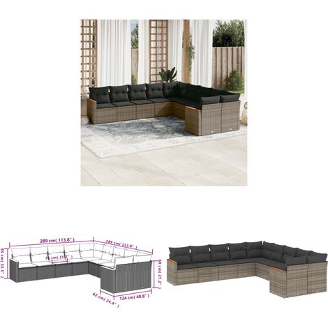 10-tlg. Garten-Sofagarnitur mit Kissen Grau Poly Rattan - Gartenmöbel - Rattan Möbel - Outdoor Sofa - Lounge Set - Esstischgarnitur - Home & Living (1/3)