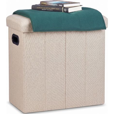 Relaxdays Foldable Stool, HxWxD: 49.5 x 46 x 25.5 cm, with storage space, handles, linen, polyester, MDF, beige (1/5)