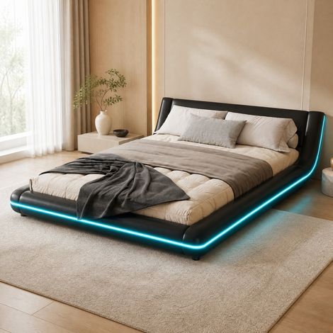 Lit au sol 140 x 200 cm en cuir régénéré noir avec éclairage LED multicolore contrôlable par application, structure MDF, 12 lattes, charge 220 kg – de FLORAGRACE (1/5)