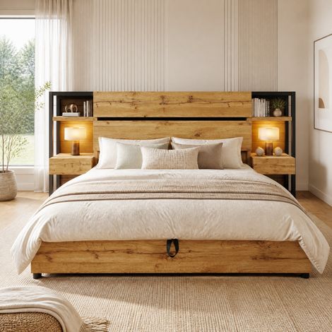 Letto matrimoniale industriale 180x200 cm in MDF e metallo, color rovere, con testiera contenitore e prese USB/Type-C (1/5)