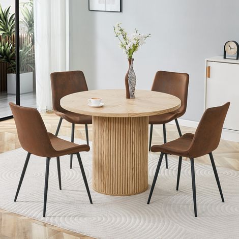Set tavolo e sedie rotondo 100 cm in MDF, 4 sedie, effetto legno chiaro OKMYHOME (1/5)