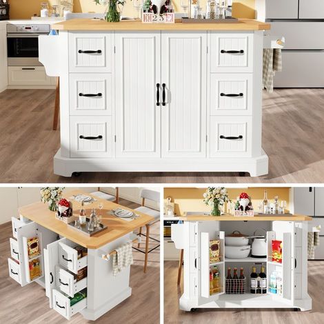 Îlot de cuisine - 120x45x91 cm - 2 portes 6 tiroirs - Sur roulettes 360° - Plan de travail imitation bois (1/4)