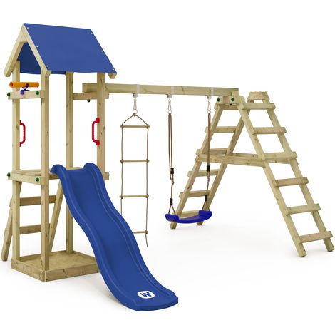 Wickey Wooden climbing frame TinyLoft with swing set and slide, Garden playhouse with sandpit, climbing wall & play-accessories - blue (1/5)