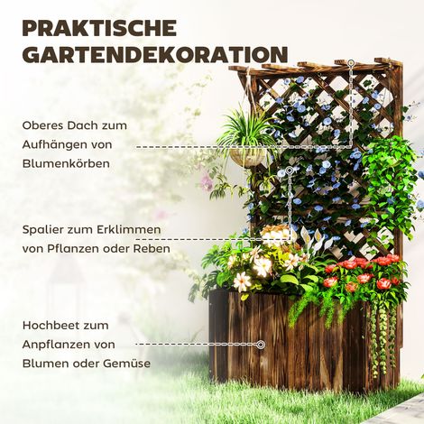 Carré potager surélevé en bois carbonisé avec treillis, jardinière grimpante 64x33x122cm (1/5)