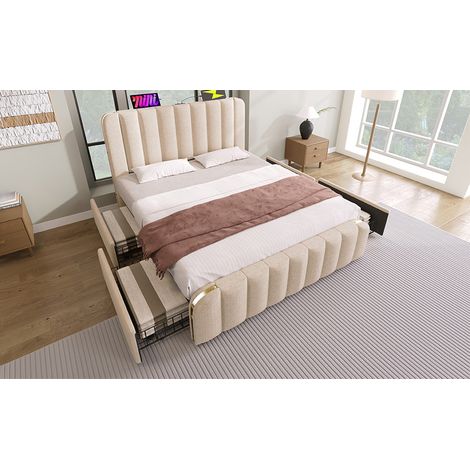 Cama doble con cabecero acolchado beige lino, 160x200cm, USB-C, 4 cajones, 200kg (1/5)