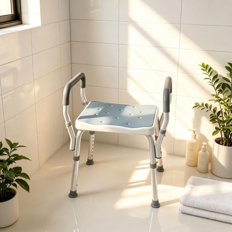 Taburete de ducha para personas mayores y discapacitadas con reposabrazos, altura regulable y patas antideslizantes (solo incluye 1 taburete de ducha). (1/5)