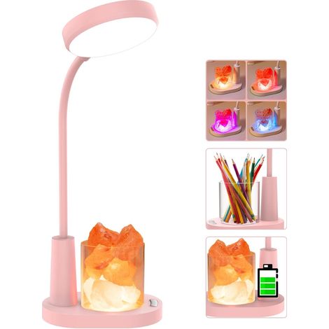 Schreibtischlampe für Kinder, Tischlampe aus Himalaya-Salz, Nachtlicht mit automatischem Farbwechsel und Stifthalter, wiederaufladbares dimmbares Leselicht für Kinder, Rosa