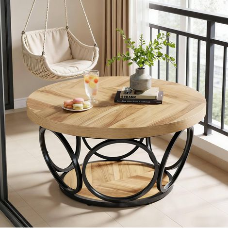 Tavolino rotondo da soggiorno 80x80x42,5 cm con 2 livelli portaoggetti, in legno e metallo, nero e naturale (1/5)