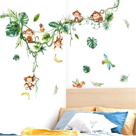 Sticker mural Animaux de la jungle : singes, arbres, lianes et bien plus encore. Décoration murale pour chambres d'enfants et chambres de bébé. Idéal pour les filles et les garçons. Thème animaux et j (1/5)