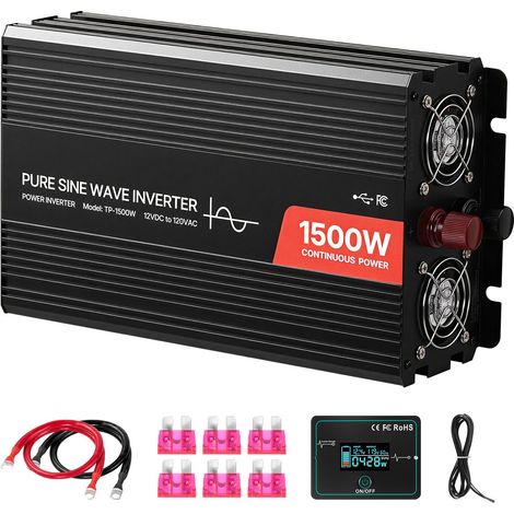 1500W Sinus-Wechselrichter, 12V auf 230V AC, mit Fernbedienung, USB- und Typ-C-Anschlüssen, 2 AC-Steckdosen, Schnellladefunktion für Wohnmobile und LKWs. (1/5)
