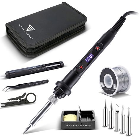 STAHLWERK Kit de fer à souder numérique 80 W, 180-500 °C, avec écran LCD, station de soudage, 5 pannes, élément chauffant en céramique, température réglable, commutation °C/°F et fonction de mémorisat (1/5)