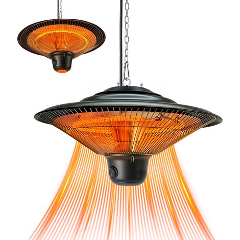 Jiubiaz Chauffage radiant terrasse 1500 W suspendu en fibre de carbone avec télécommande, éclairage LED, 3 niveaux de chauffe (1/5)